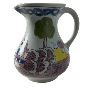 Vintage 1972 Hand-Painted Delft Holland Ceramic Pitcher 12 oz Colorful Scene